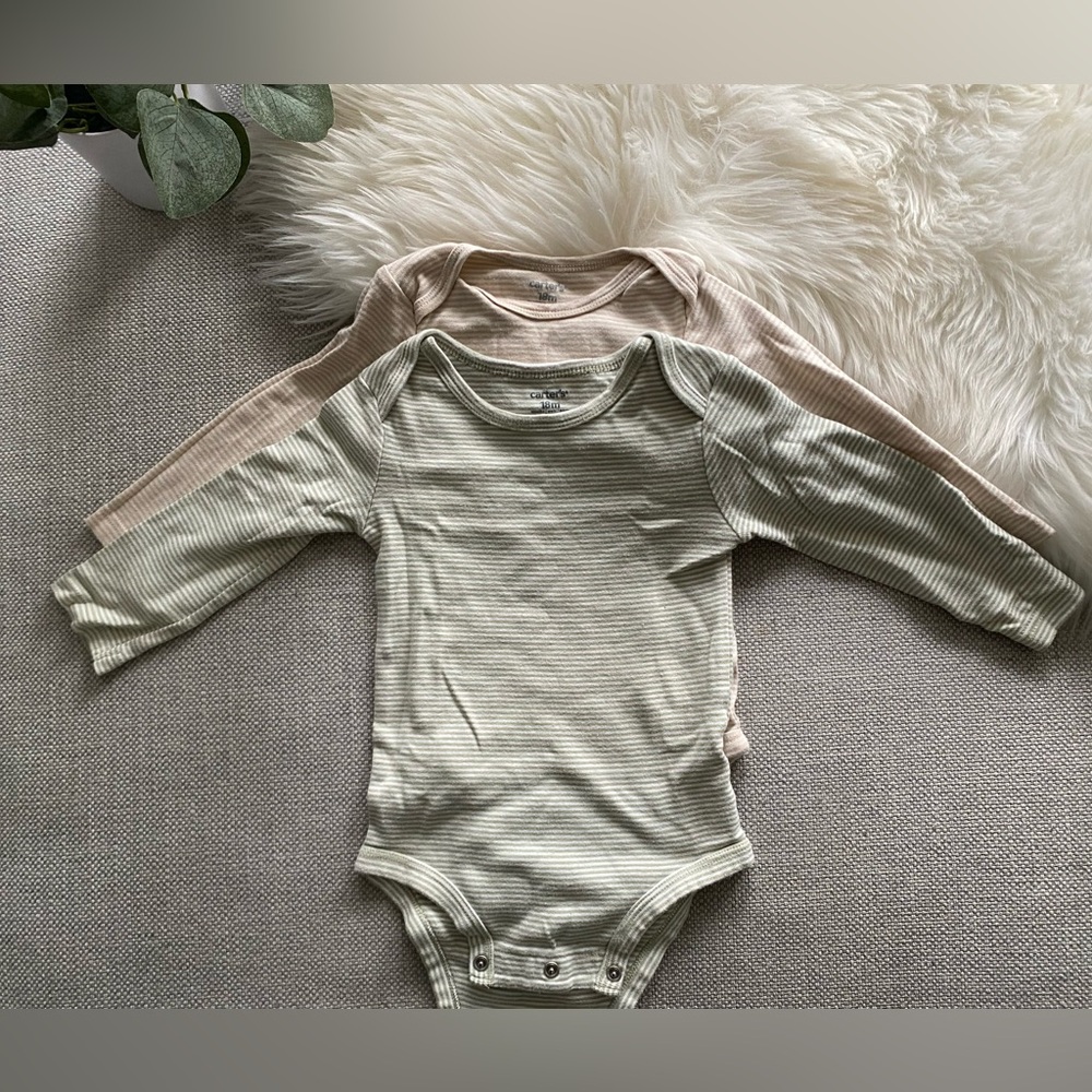 Burt's Bees Green and Beige Striped Bodysuits